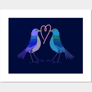 Love birds with work heart on dark background Posters and Art